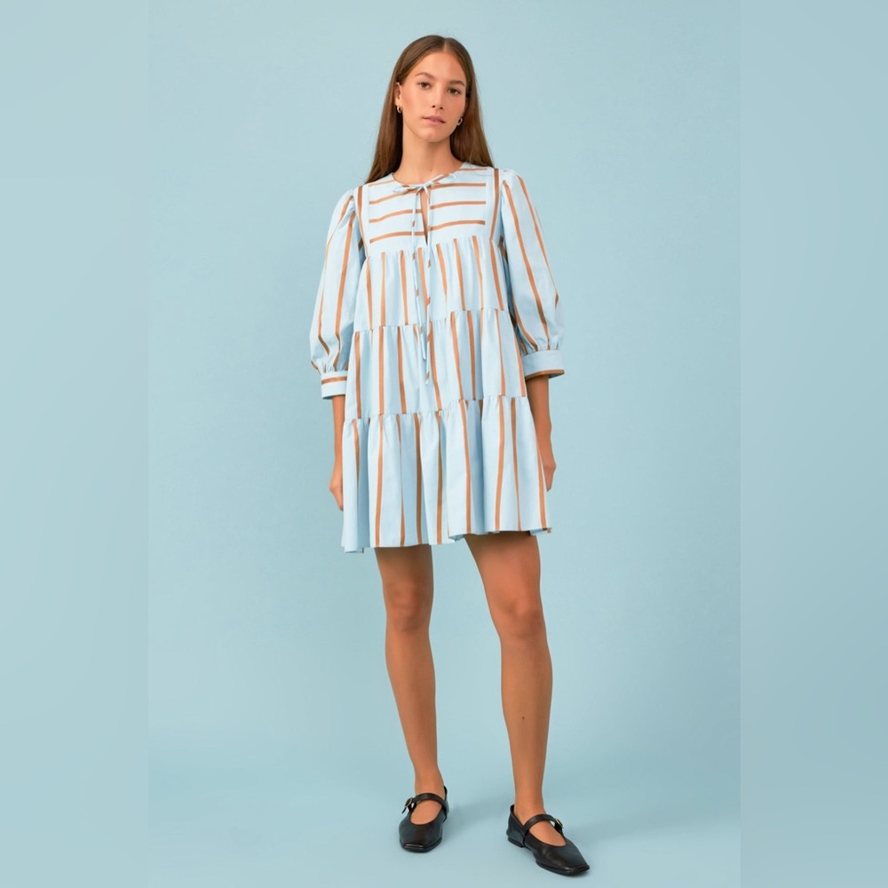 English Factory Blue and Brown Striped Mini Dress